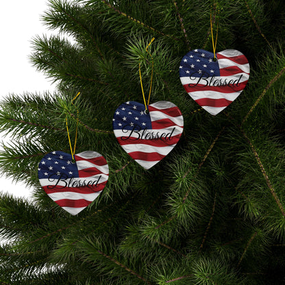 Ceramic Ornaments - Patriotic - Blessed Print - American Flag Backdrop - Red White & Blue