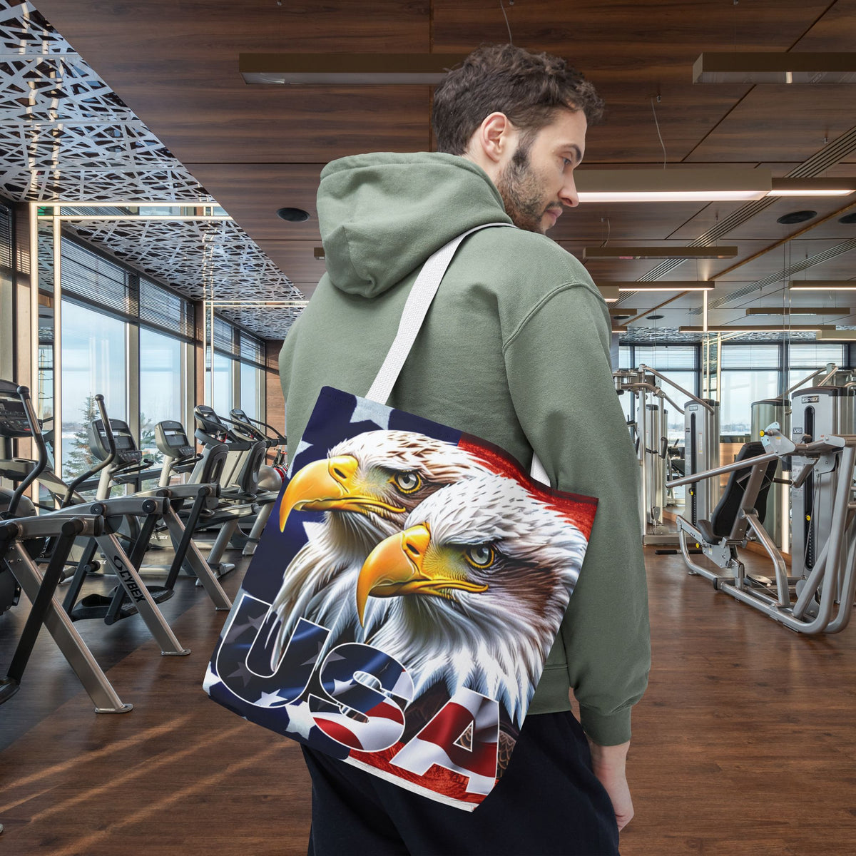 Patriotic - USA - Bald Eagles - Tote Bag - All Over Print - American Flag Design - Five Different Handle Colors - Red - Navy - Black - Beige - White- Different Print On Both Sides