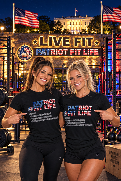 A black short-sleeve t-shirt with a patriotic graphic on the chest reading 'PATRIOT FIT LIFE' in red, white, and blue, with a dictionary-style definition below, shown against a white background.