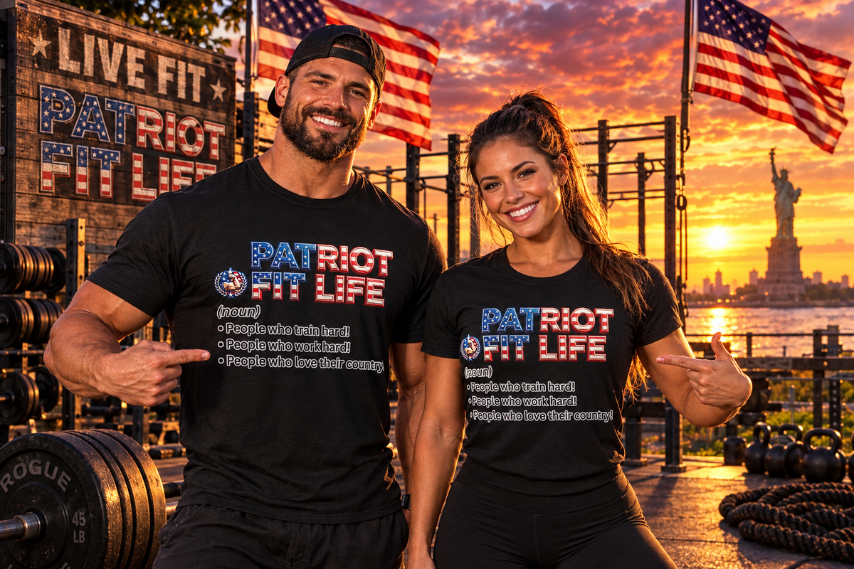 Two smiling fitness coaches posing together in a gym setting at sunset, wearing matching black t-shirts with the text 'PATRIOT FIT LIFE' and a list of values. The background features a Statue of Liberty, New York City skyline, American flags, and gym equipment.