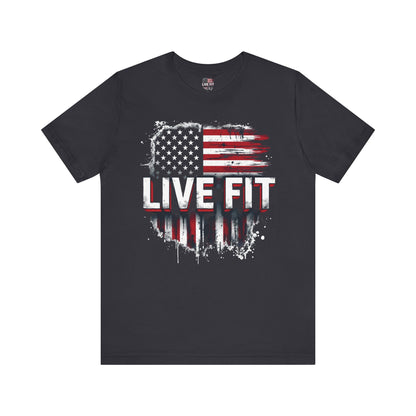 LIVE FIT American Flag T-Shirt - Patriotic Fitness Tee - Distressed USA Flag Design