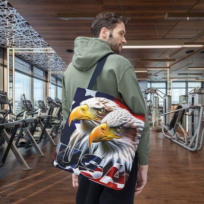 Patriotic - USA - Bald Eagles - Tote Bag - All Over Print - American Flag Design - Five Different Handle Colors - Red - Navy - Black - Beige - White- Different Print On Both Sides