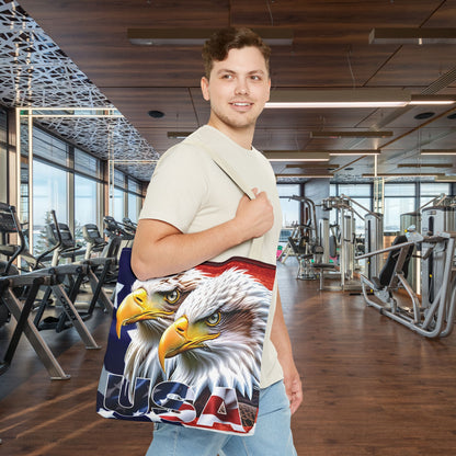 Patriotic - USA - Bald Eagles - Tote Bag - All Over Print - American Flag Design - Five Different Handle Colors - Red - Navy - Black - Beige - White- Different Print On Both Sides