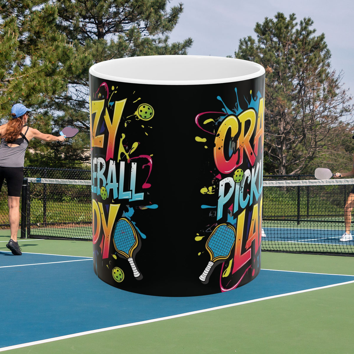 Crazy Pickleball Lady Mug - Colorful Design - 11oz/15oz - Funny Pickleball Gift