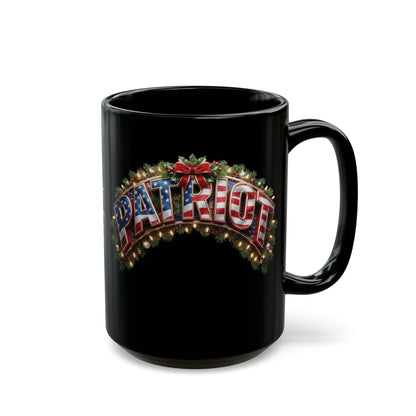A black ceramic mug featuring a festive 'PATRIOT' holiday graphic with an American flag pattern, red bow, and lights, shown against a white background.
