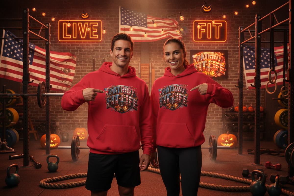 A man and a woman standing in a gym wearing matching red hoodies with a large Halloween 'PATRIOT FIT LIFE' graphic design across the front, pointing at the designs. The background features a brick wall, American flags, neon 'LIVE FIT' signs, and pumpkins.