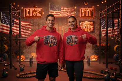 A man and a woman standing in a gym wearing matching red hoodies with a large Halloween 'PATRIOT FIT LIFE' graphic design across the front, pointing at the designs. The background features a brick wall, American flags, neon 'LIVE FIT' signs, and pumpkins.