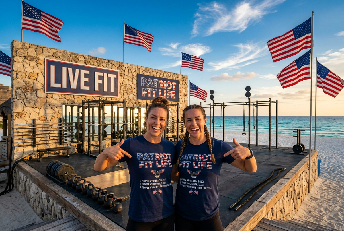 Two women standing on a beachside outdoor fitness platform wearing matching navy blue 'PATRIOT FIT LIFE' t-shirts, with American flags, a stone structure, and the ocean in the background.