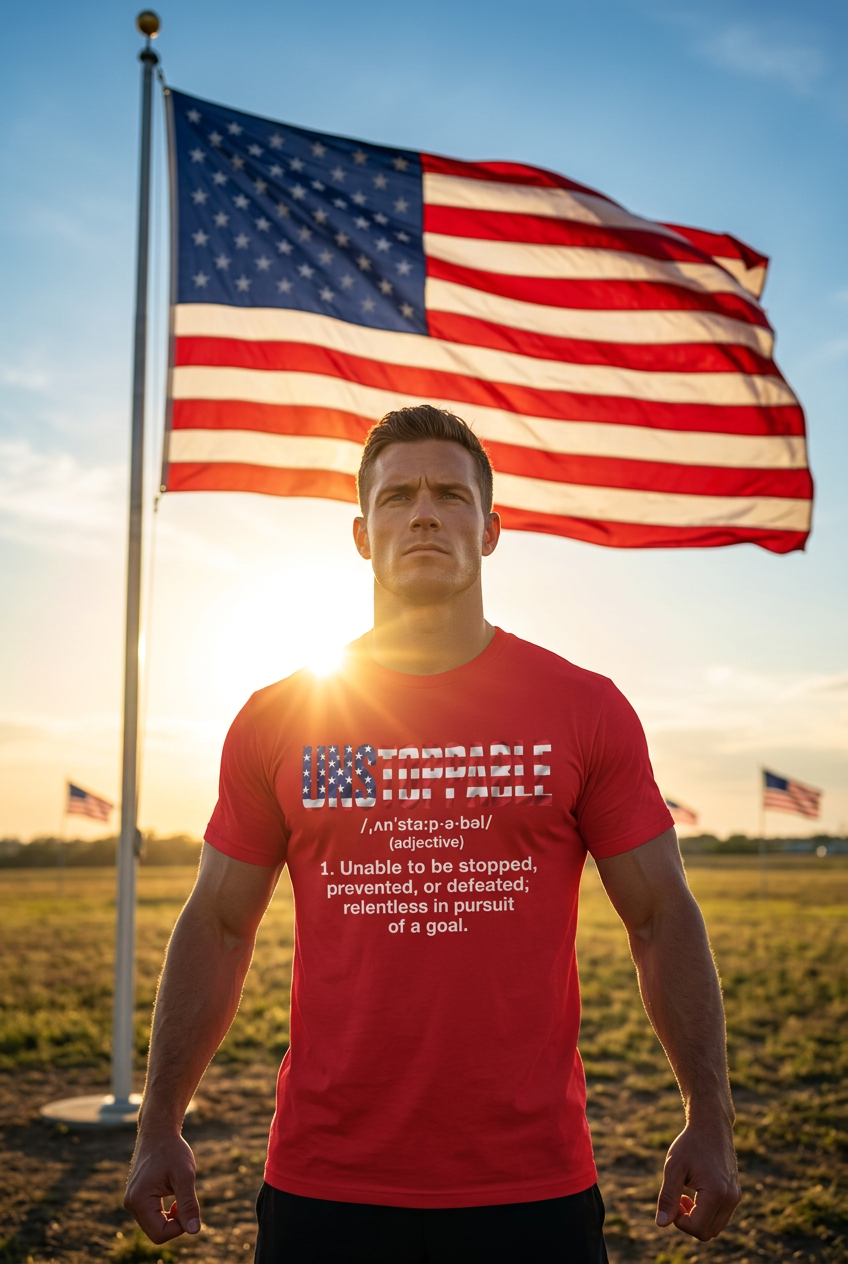 A man wearing a red graphic t-shirt stands in front of a large American flag waving in the sunset. The t-shirt features a white UNSTOPPABLE text graphic on the chest.