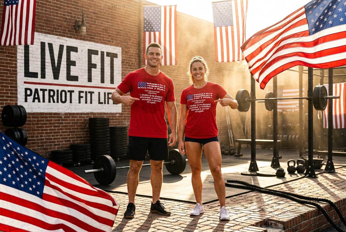 A man and a woman standing in a gym wearing matching red t-shirts with the patriotic text "UNSTOPPABLE" graphics. The background features a brick wall, a 'LIVE FIT PATRIOT FIT LIFE' sign, and multiple American flags.