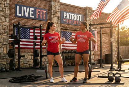 Two women in matching red athletic t-shirts with a patriotic UNSTOPPABLE graphic stand in a rustic outdoor gym setting with weight racks, kettlebells, and American flags. The background features a brick wall with 'LIVE FIT' and 'PATRIOT FIT LIFE' signs.