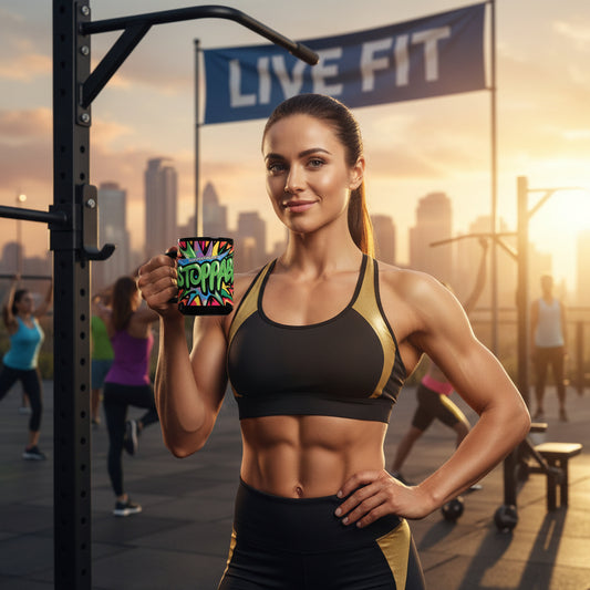 A large black ceramic mug with a colorful graphic design that includes the words 'UNSTOPPABLE' on the side, placed in a gym setting.