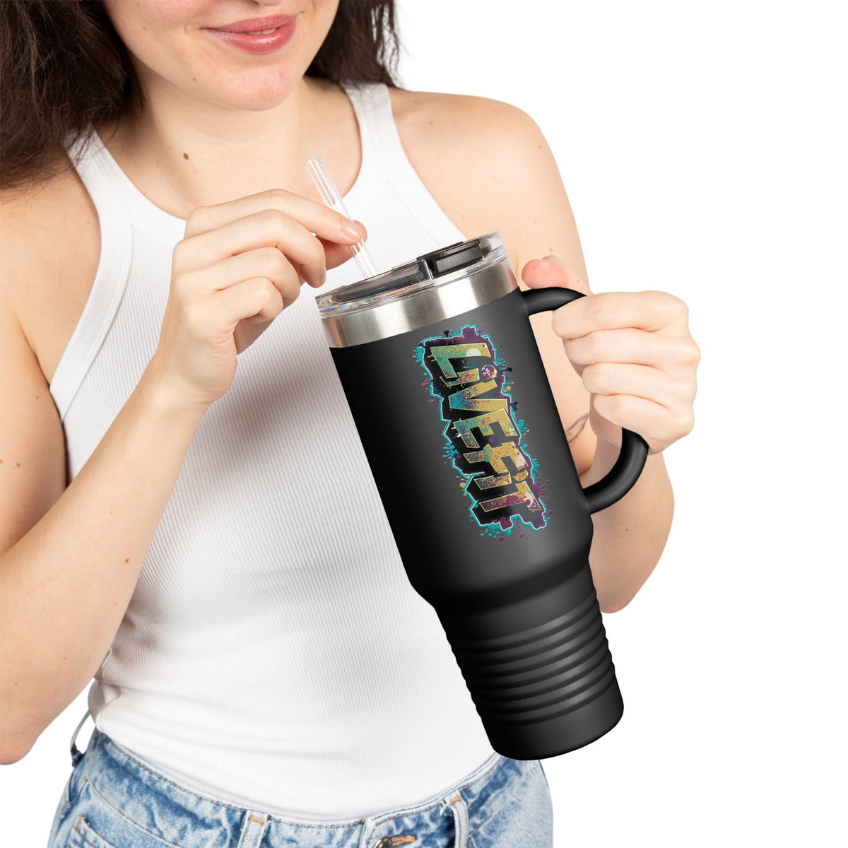 Insulated Travel Mug - Live Fit - 40oz Fitness Water Bottle - Gym Coffee Cup - Durable Travel Tumbler - Motivational Drinkware