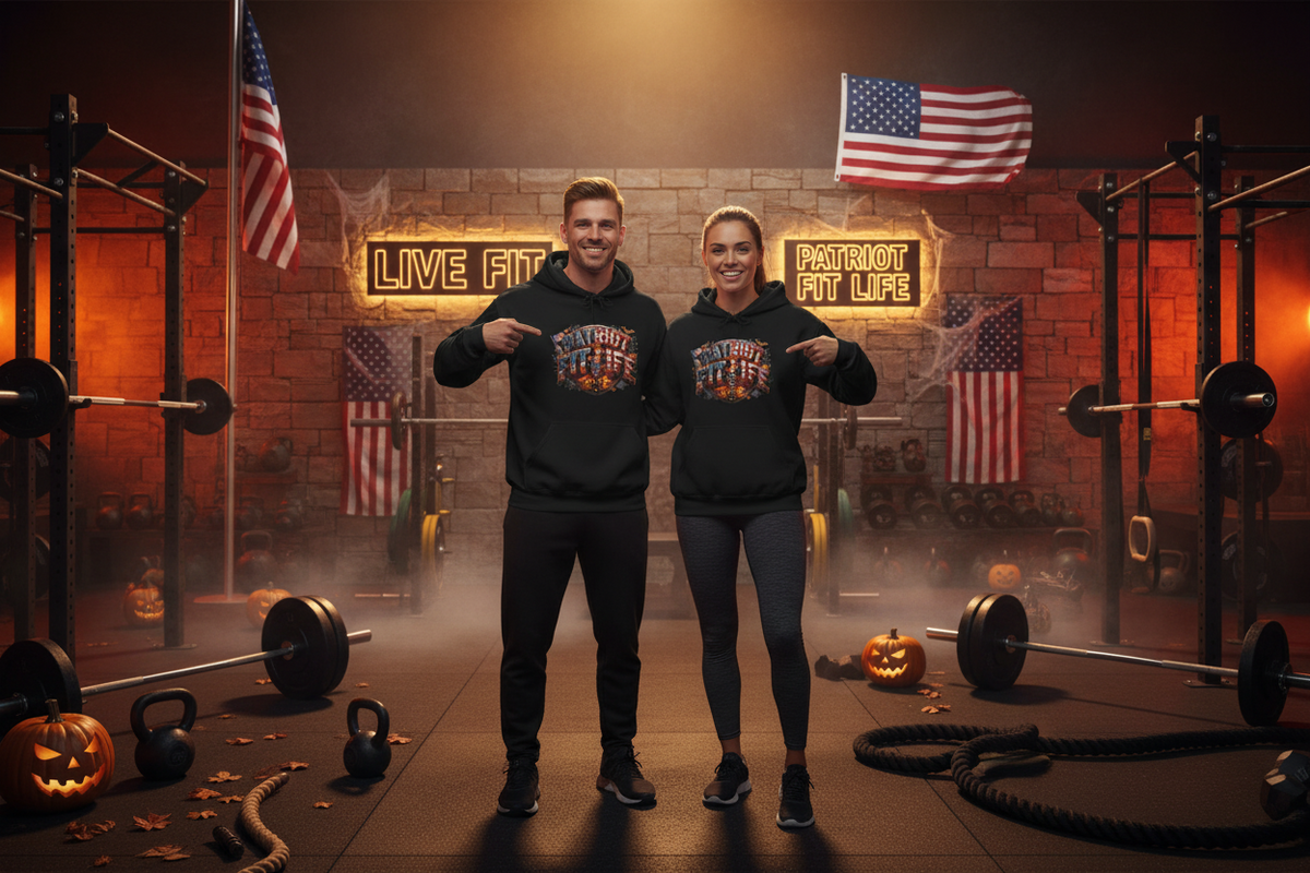 Two people standing in a gym wearing matching black hoodies with a colorful Halloween PATRIOT FIT LIFE graphic on the front, posed in front of a brick wall with American flags, neon signs, and Halloween decorations.