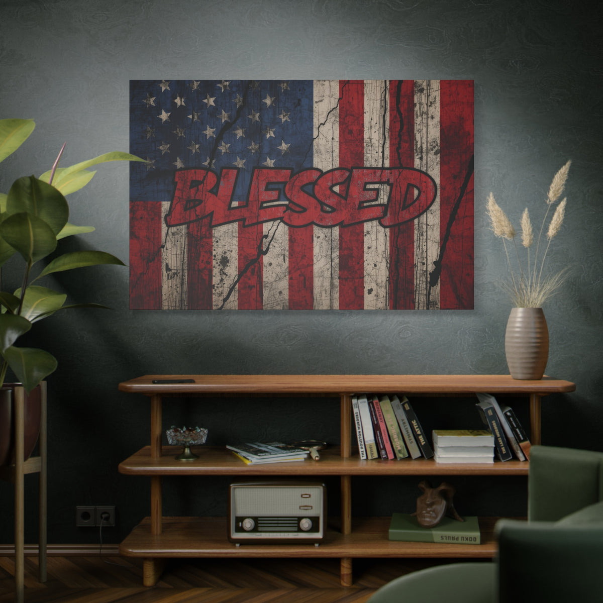 Blessed Canvas Wall Art - Vintage American Flag - Gallery Wrapped - Patriotic Americana Decor - Rustic Flag Art - 35 Sizes