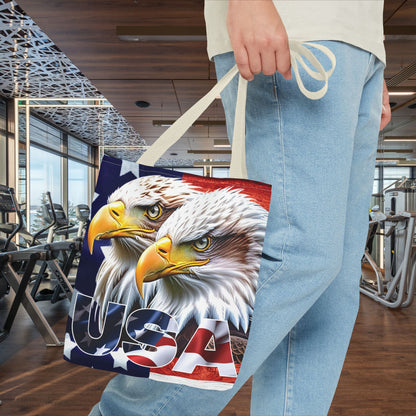 Patriotic - USA - Bald Eagles - Tote Bag - All Over Print - American Flag Design - Five Different Handle Colors - Red - Navy - Black - Beige - White- Different Print On Both Sides