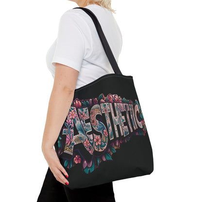 Aesthetic Black Floral Tote Bag - Eco-Friendly Shopping Bag - 3 Sizes
