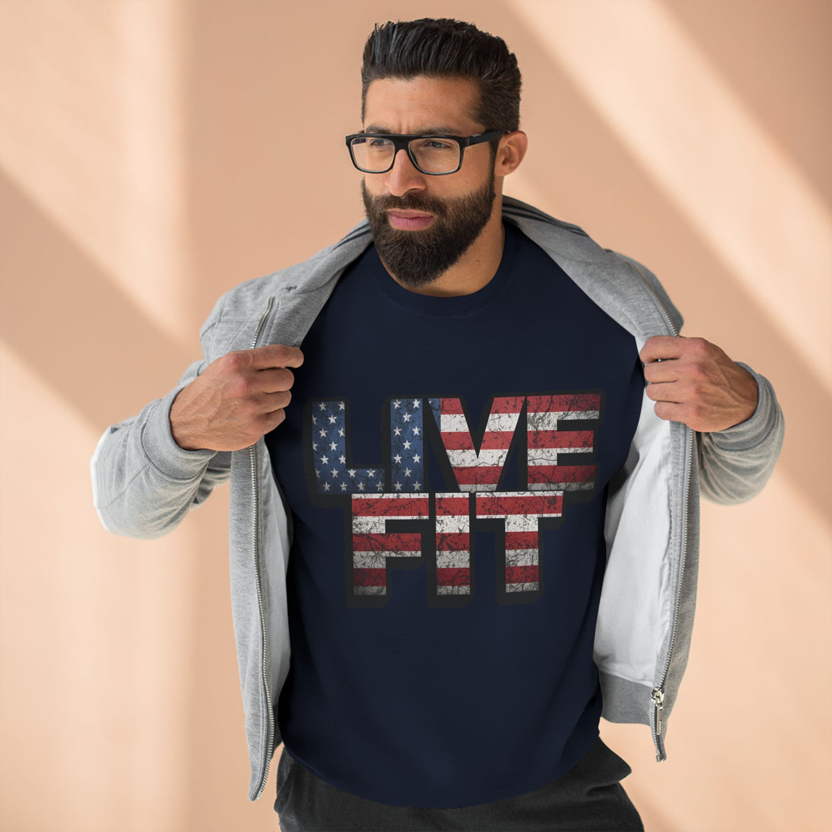 Patriotic Fitness Sweatshirt - American Flag LIVE FIT Design - Red White Blue Crewneck - Unisex S-3XL