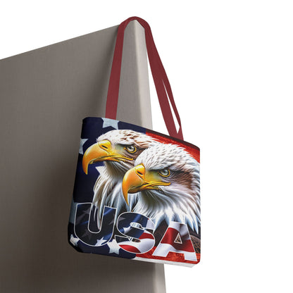 Patriotic - USA - Bald Eagles - Tote Bag - All Over Print - American Flag Design - Five Different Handle Colors - Red - Navy - Black - Beige - White- Different Print On Both Sides