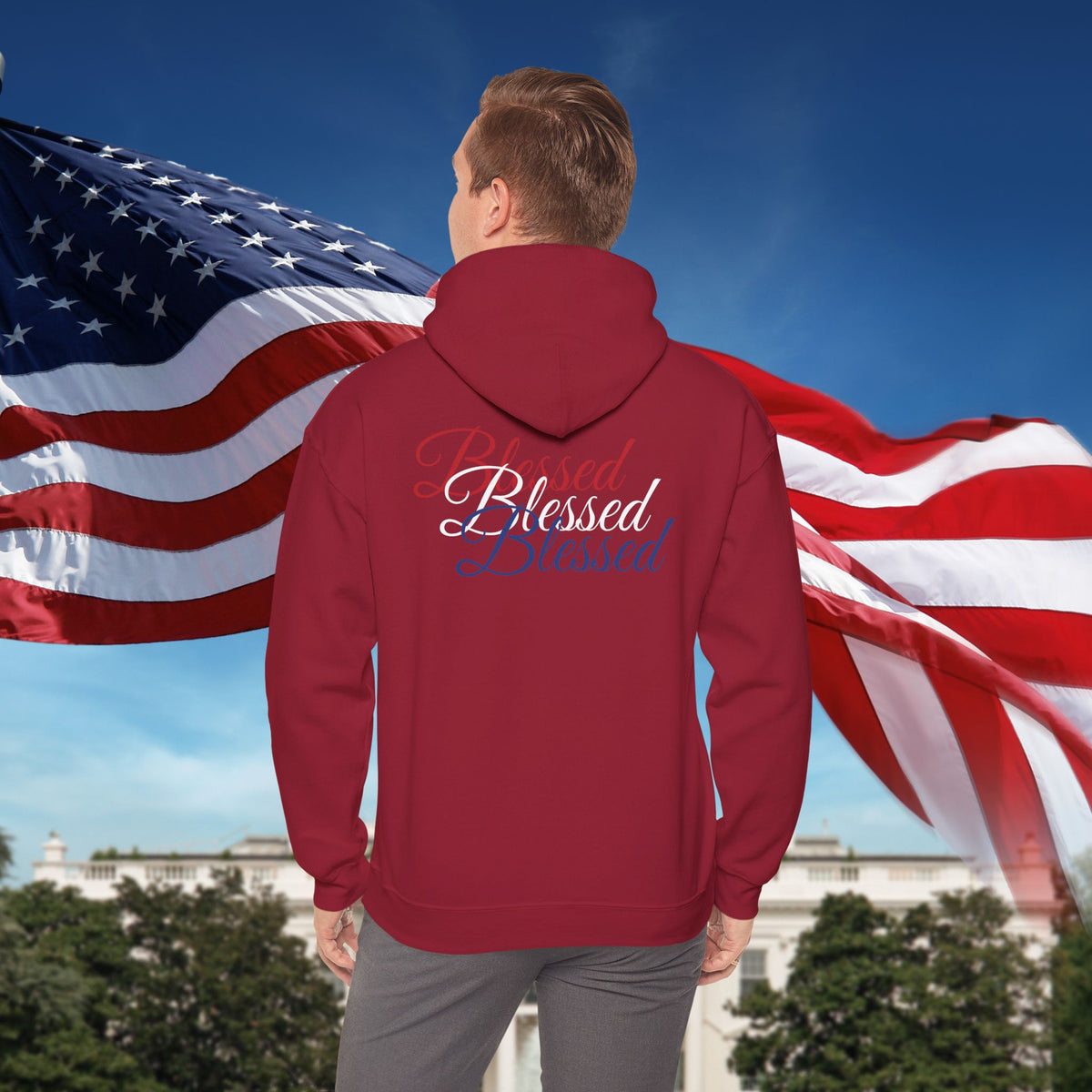 Blessed Hoodie - Patriotic Red White Blue - Unisex Pullover - Front & Back Print - S-5XL
