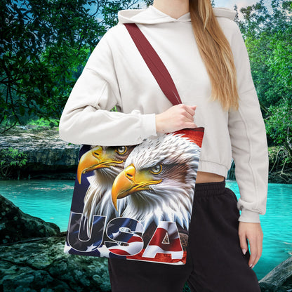 Patriotic - USA - Bald Eagles - Tote Bag - All Over Print - American Flag Design - Five Different Handle Colors - Red - Navy - Black - Beige - White- Different Print On Both Sides