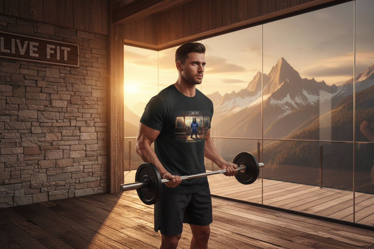 LIVE FIT Bear Graphic Tee - Motivational Gym Workout T-Shirt - Unisex Fitness Apparel