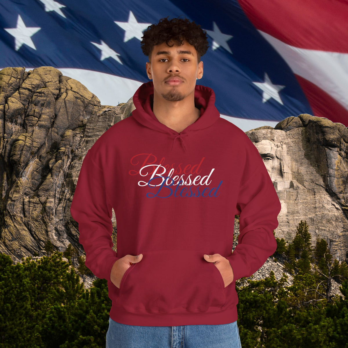 Blessed Hoodie - Patriotic Red White Blue - Unisex Pullover - Front & Back Print - S-5XL