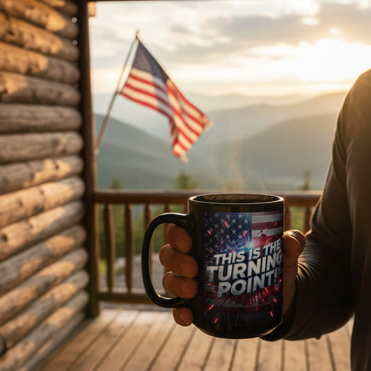 Black mug with American flag and 'This is the Turning Point!' text.