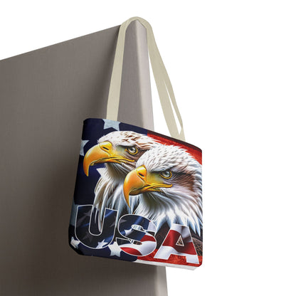 Patriotic - USA - Bald Eagles - Tote Bag - All Over Print - American Flag Design - Five Different Handle Colors - Red - Navy - Black - Beige - White- Different Print On Both Sides