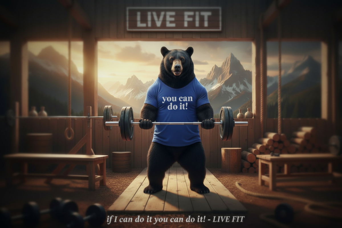 Bear lifting weights with a motivational message in a rustic LIVE FIT gym setting.