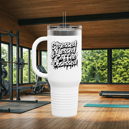 Stressed Blessed & Coffee Obsessed 40oz Travel Mug - Insulated - 7 Colors