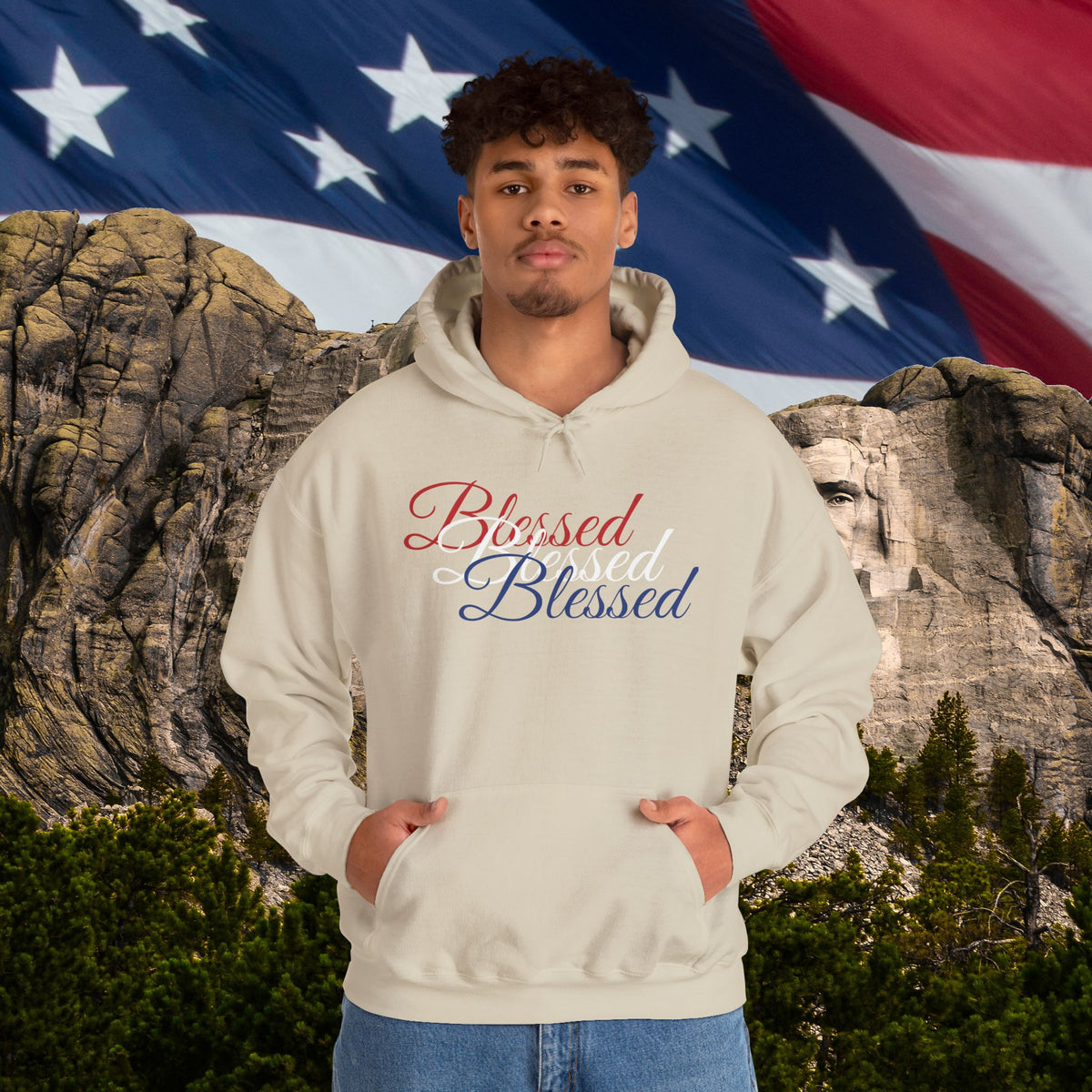 Blessed Hoodie - Patriotic Red White Blue - Unisex Pullover - Front & Back Print - S-5XL