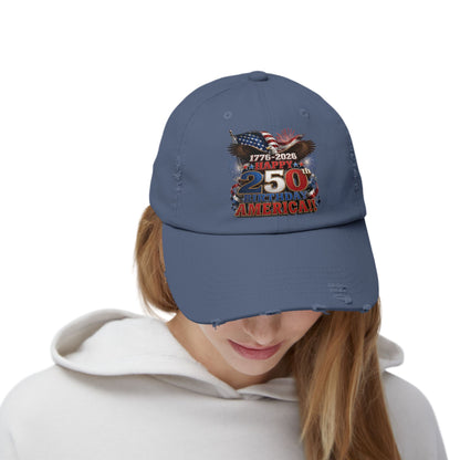 Happy 250th Birthday America Distressed Dad Hat | 1776-2026 Patriotic Eagle Flag & Fireworks Cap