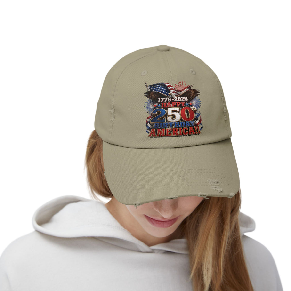Happy 250th Birthday America Distressed Dad Hat | 1776-2026 Patriotic Eagle Flag & Fireworks Cap