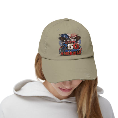 Happy 250th Birthday America Distressed Dad Hat | 1776-2026 Patriotic Eagle Flag & Fireworks Cap