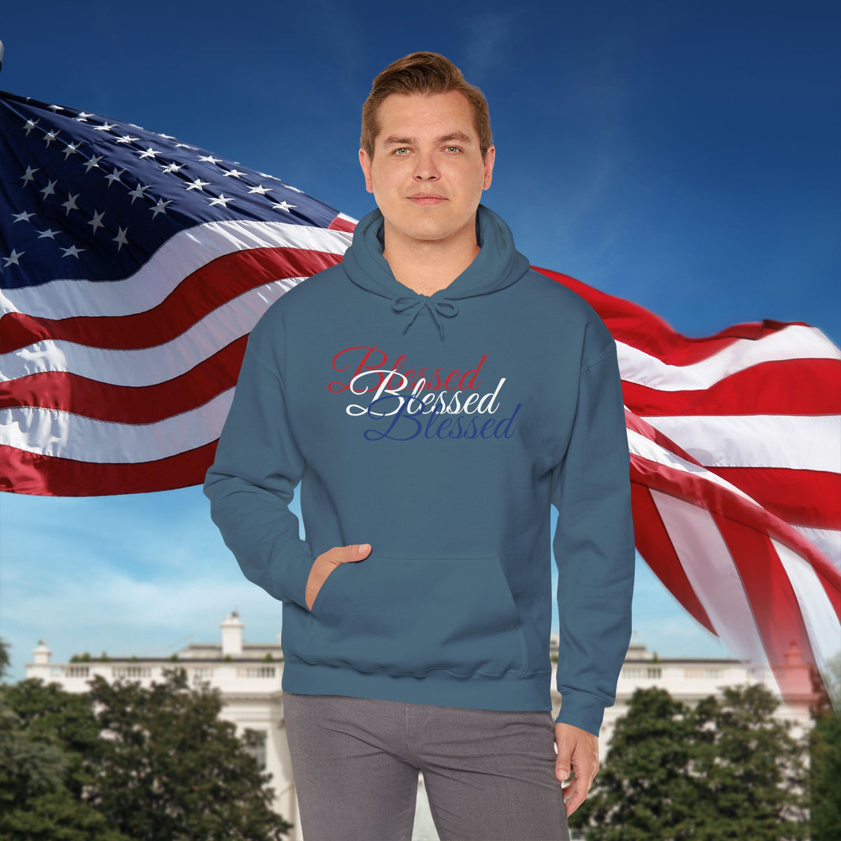 Blessed Hoodie - Patriotic Red White Blue - Unisex Pullover - Front & Back Print - S-5XL