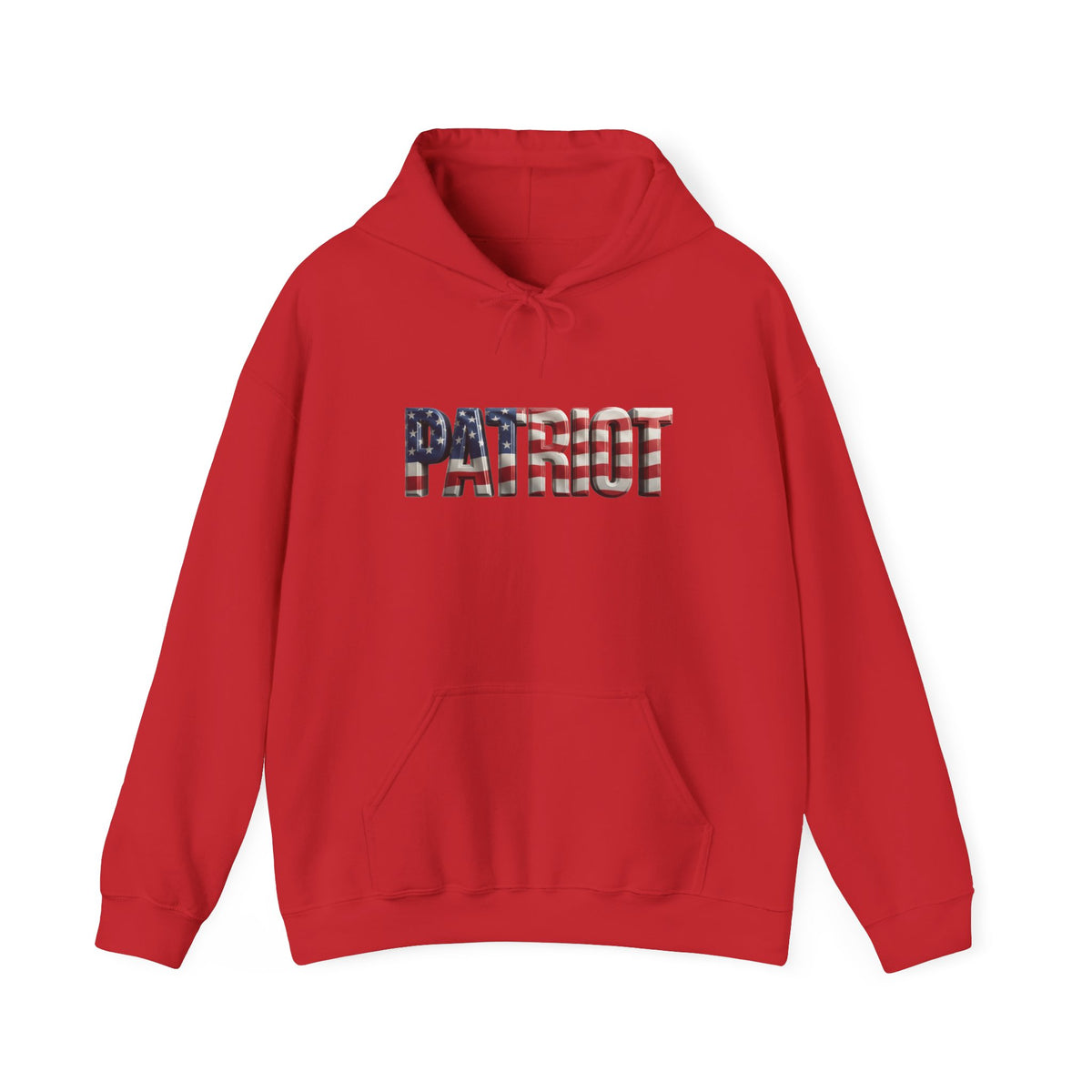 A red pullover hoodie with a front kangaroo pocket and a drawstring hood, featuring the word 'PATRIOT' printed across the chest in an American flag pattern. The hoodie is displayed flat against a solid white background.