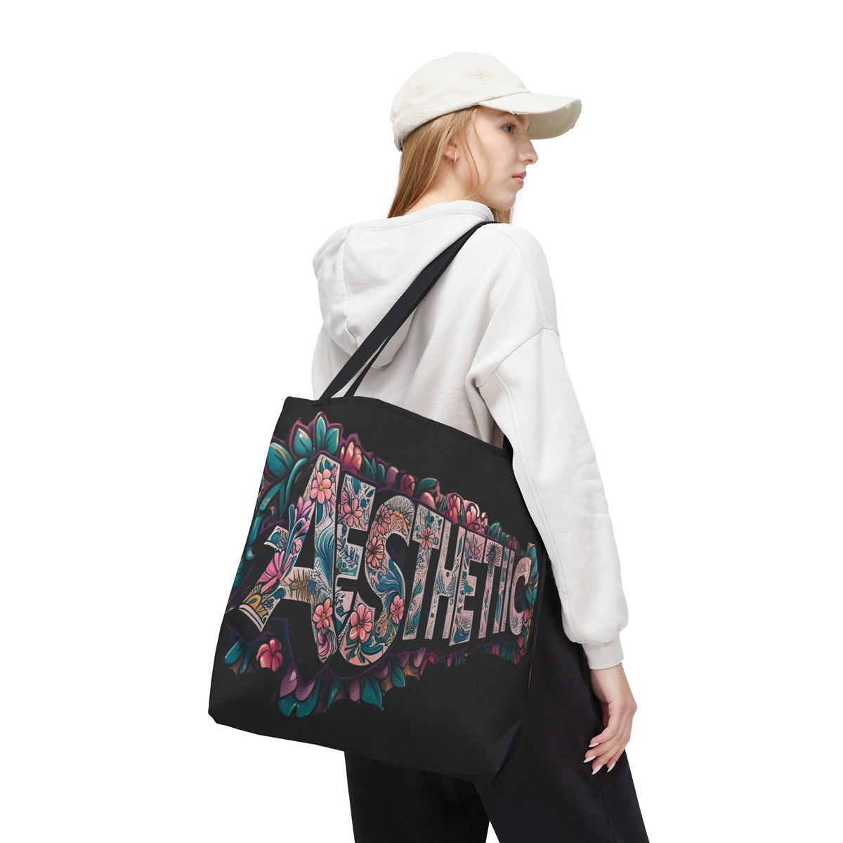 Aesthetic Black Floral Tote Bag - Eco-Friendly Shopping Bag - 3 Sizes
