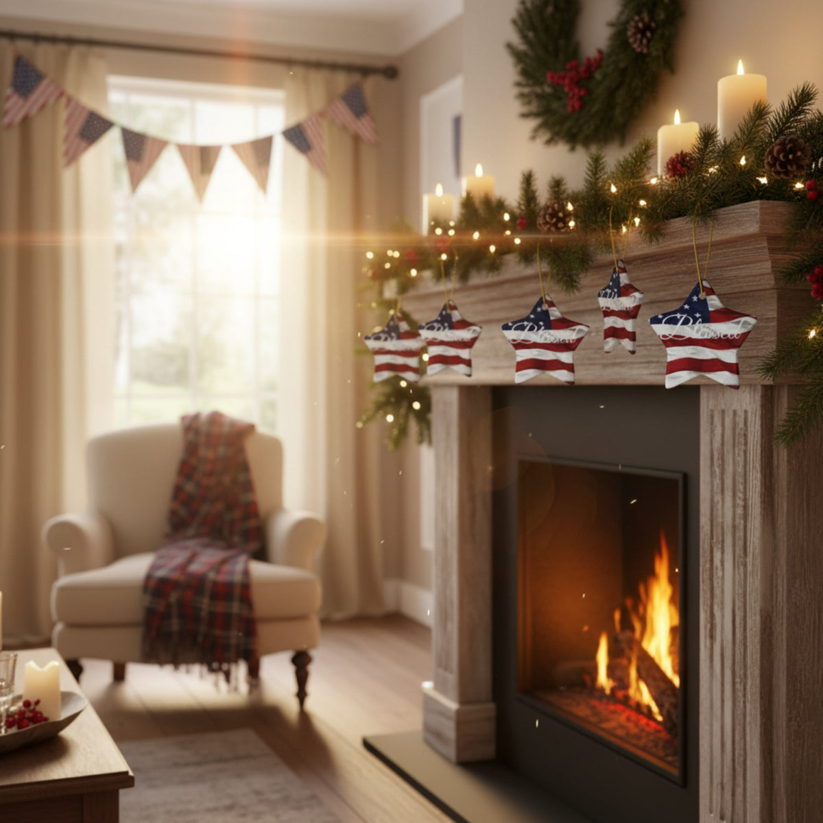Ceramic Ornaments - White Blessed Print - American Flag Backdrop - Red White & Blue Design (1-10pcs)