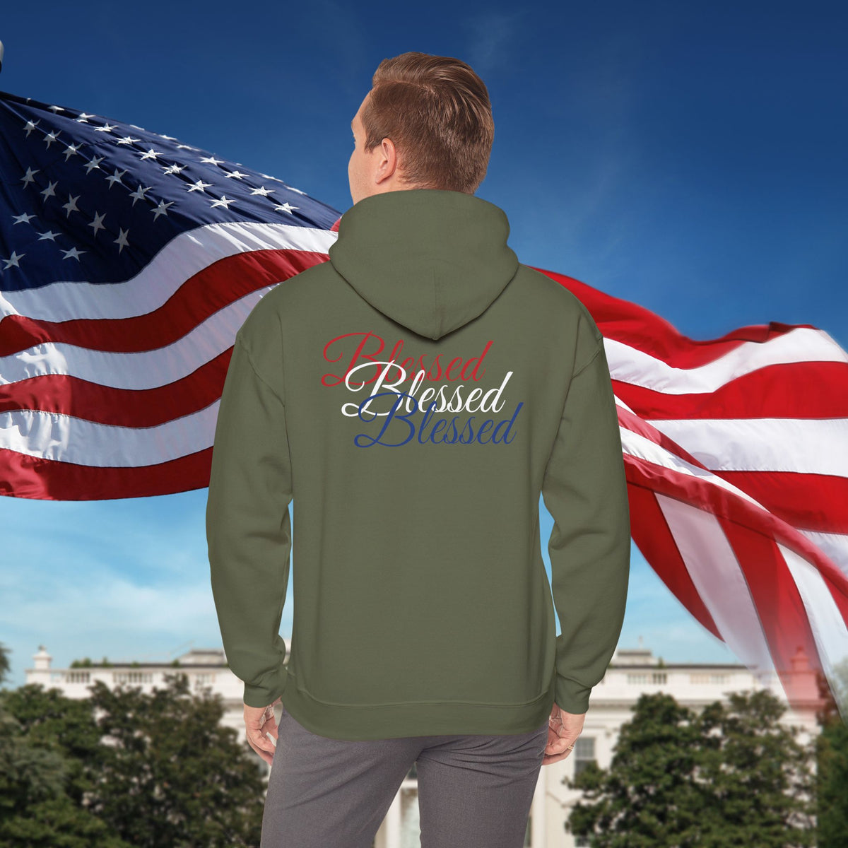 Blessed Hoodie - Patriotic Red White Blue - Unisex Pullover - Front & Back Print - S-5XL
