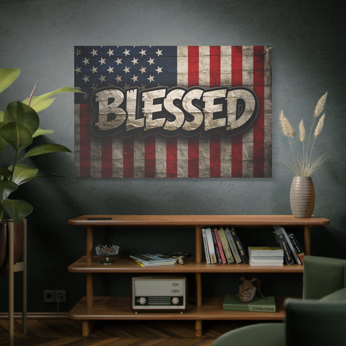 Blessed Vintage American Flag Canvas Wall Art - Patriotic Home Decor