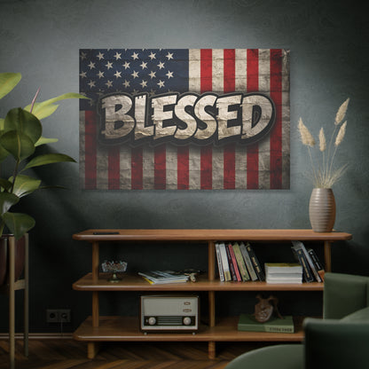 Blessed Vintage American Flag Canvas Wall Art - Patriotic Home Decor