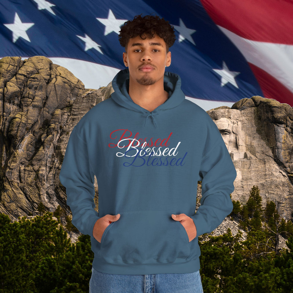 Blessed Hoodie - Patriotic Red White Blue - Unisex Pullover - Front & Back Print - S-5XL