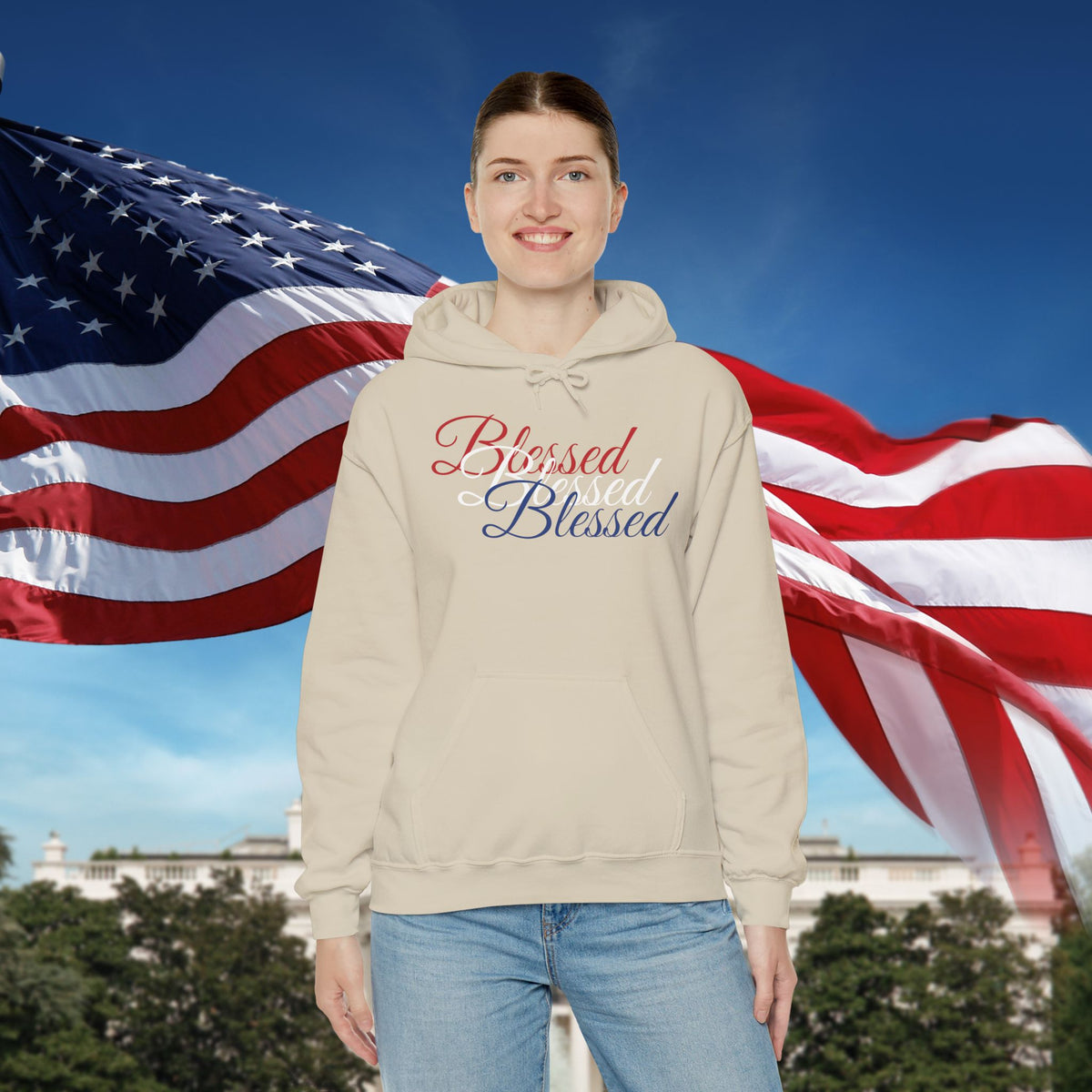 Blessed Hoodie - Patriotic Red White Blue - Unisex Pullover - Front & Back Print - S-5XL