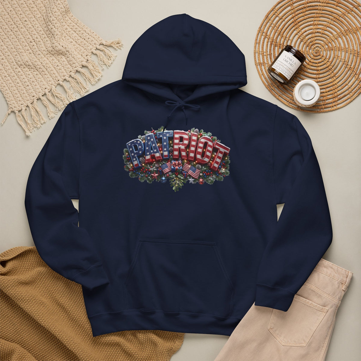 Patriot Christmas Hoodie - Arched PATRIOT Flag & Wreath Americana Graphic | Unisex S-5XL