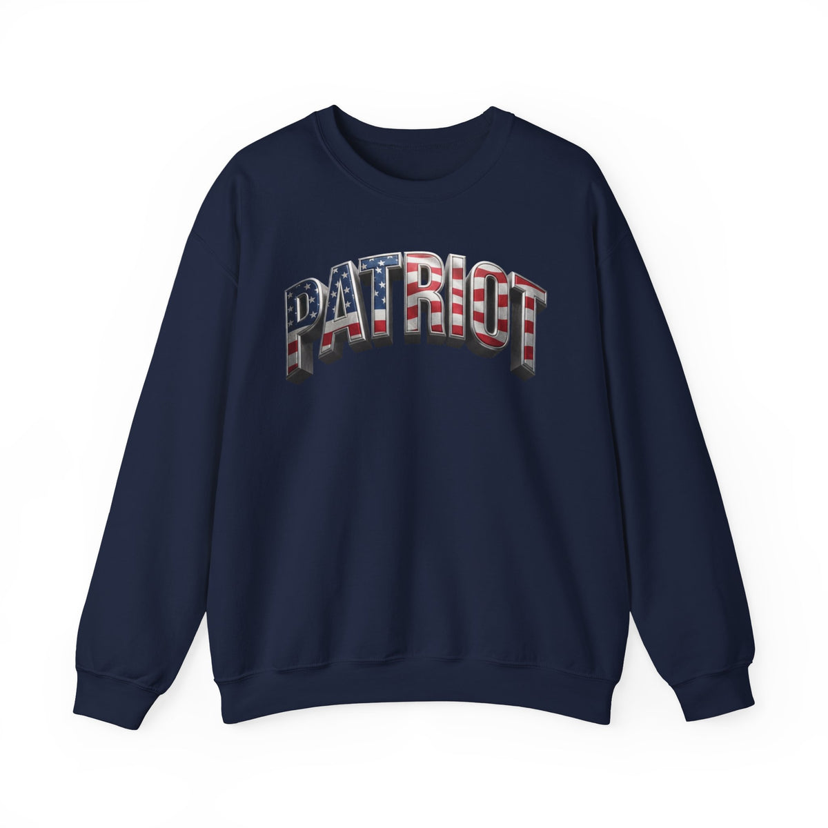 A navy blue crewneck sweatshirt featuring the word 'PATRIOT' printed across the chest in an arched, collegiate-style font filled with an American flag pattern of red and white stripes and white stars on a blue field.