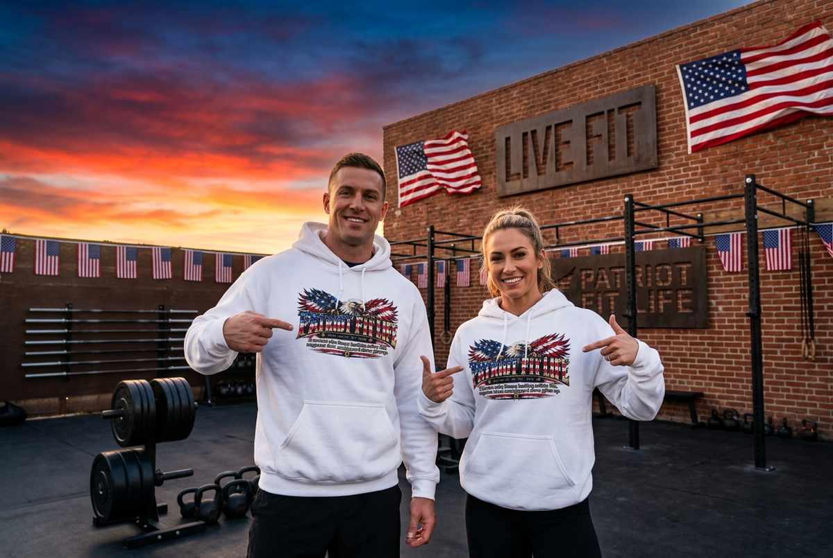 A man and a woman standing in a gym wearing matching white hoodies with a patriotic PATRIOT FIT LIFE American flag graphic on the front, pointing at the logos. The background features a brick wall with 'LIVE FIT' and 'PATRIOT FIT LIFE' signs, along with American flags and a colorful sunset sky.