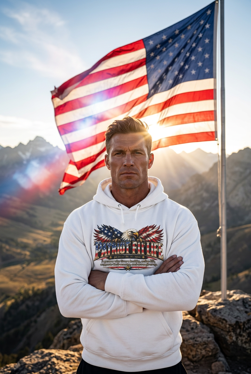 A man stands on a mountain wearing a white hoodie with a patriotic Patriot Fit Life American flag dictionary-style definition graphic, with a large American flag waving in the background.