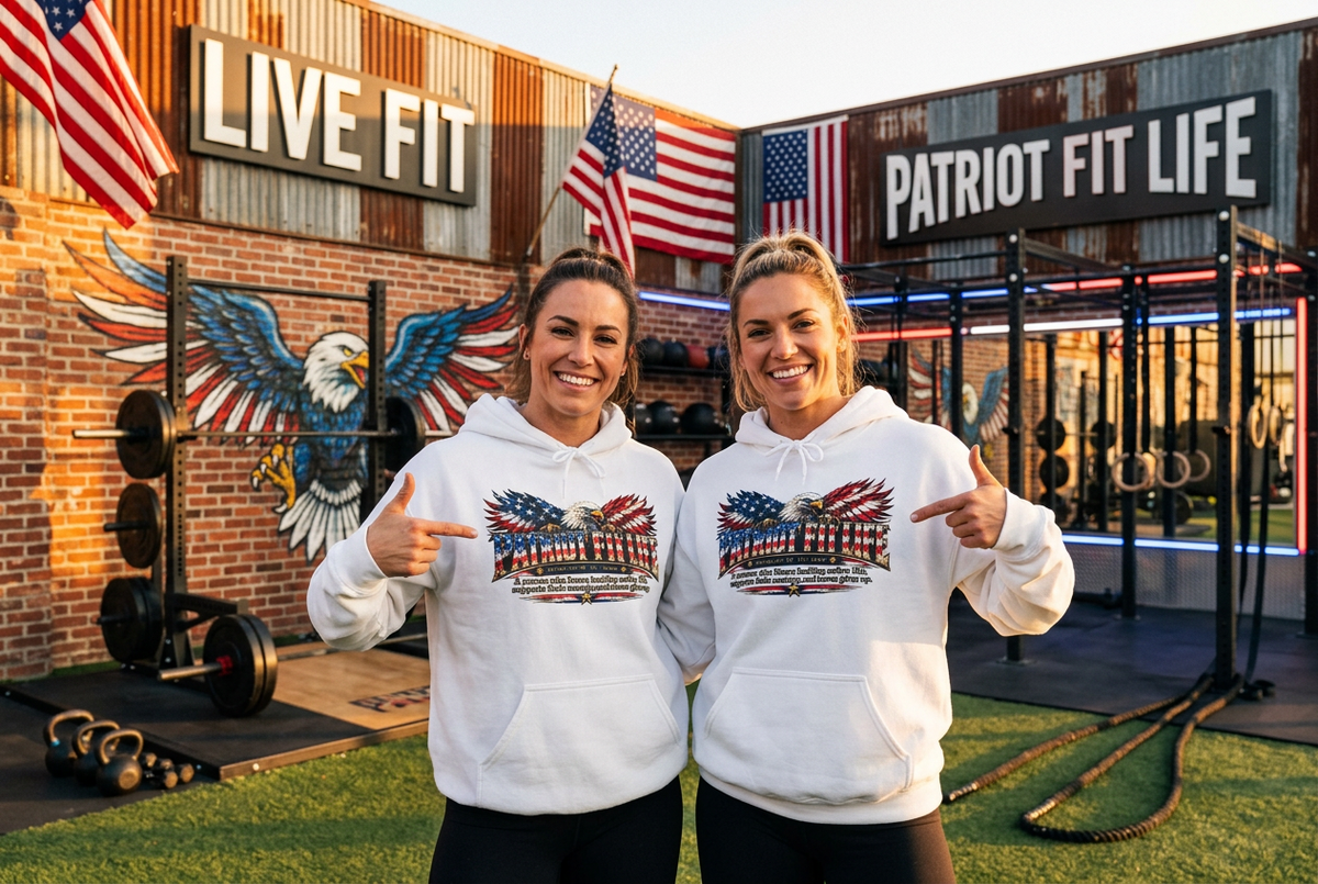 Two women standing in a gym wearing matching white hoodies with a patriotic PATRIOT FIT LIFE American flag eagle graphic on the front. The background features a brick wall with a painted bald eagle, American flags, and gym equipment under signs reading 'LIVE FIT' and 'PATRIOT FIT LIFE'.