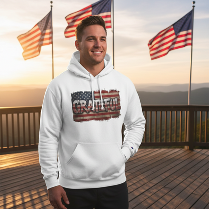 Grateful - Champion Hoodie - Vintage American Flag Design - Red White Blue - Unisex S-3XL
